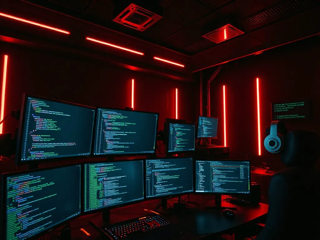 A high-tech workspace with multiple monitors showing code an