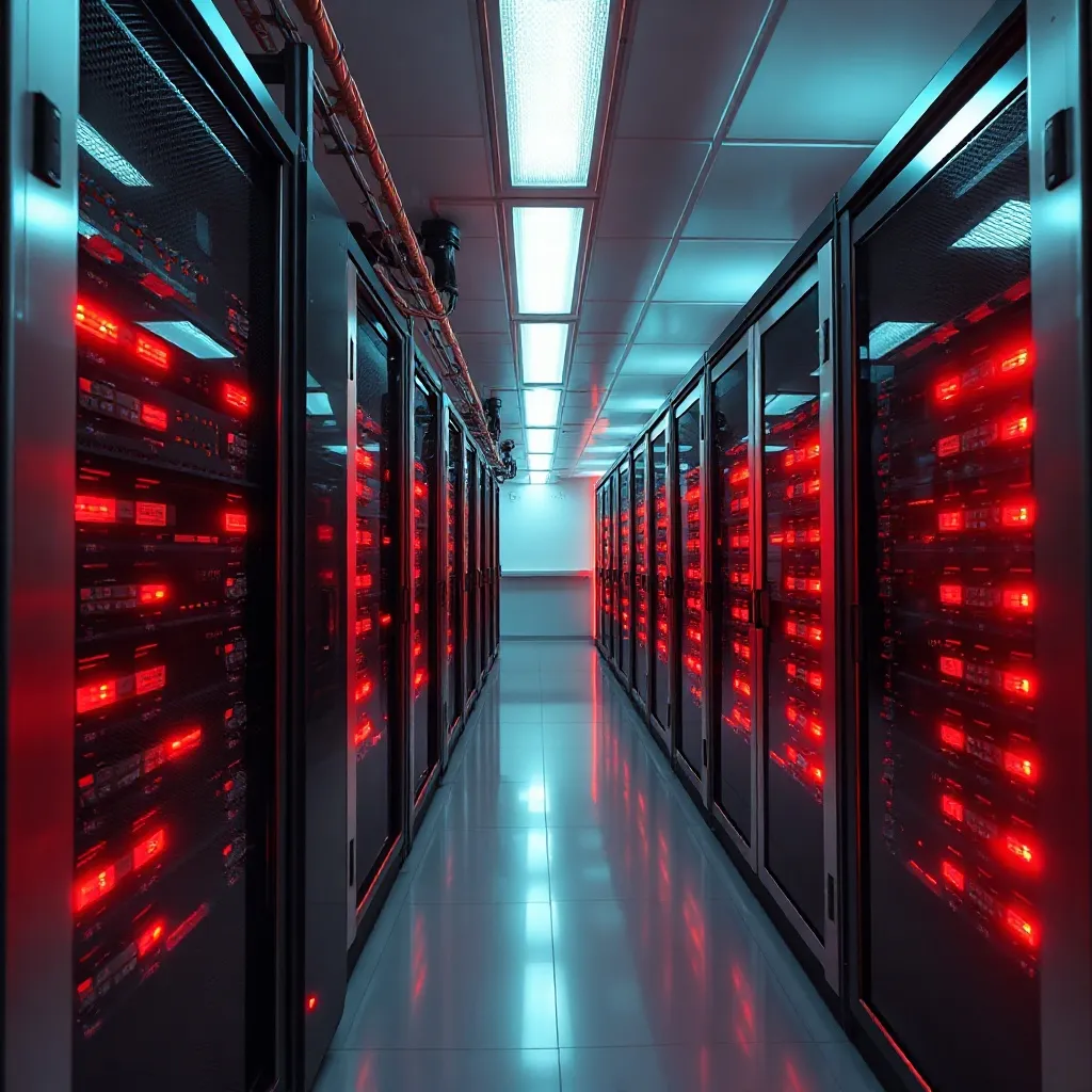High-tech server room with glowing red lights and chrome sil