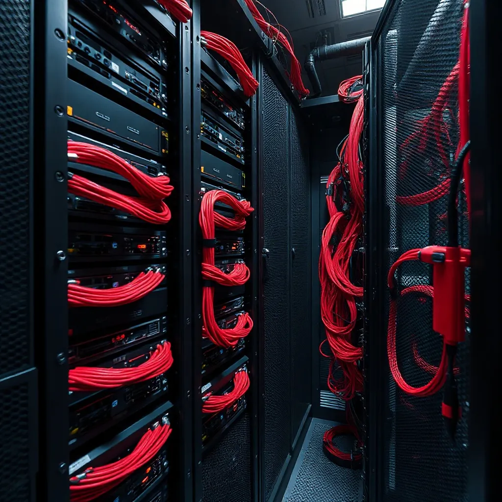 High-tech server room with black and red cable management, i