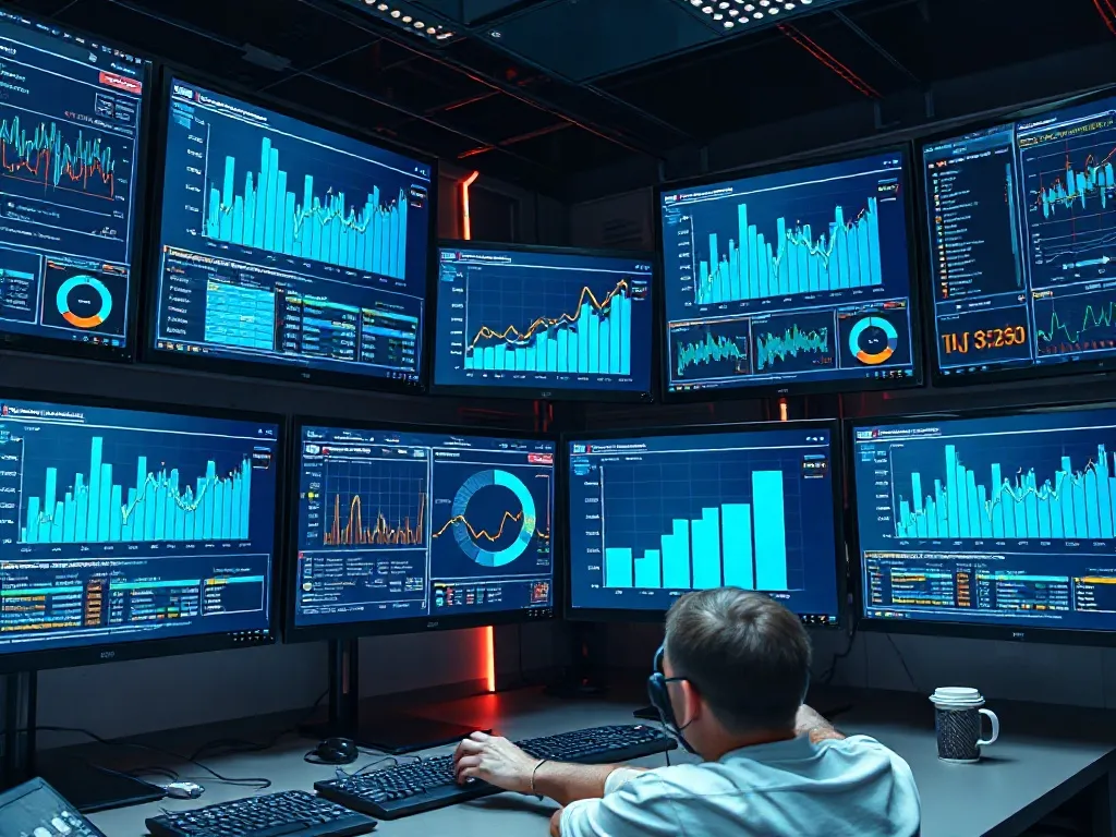 A high-tech workspace with multiple screens showing social m
